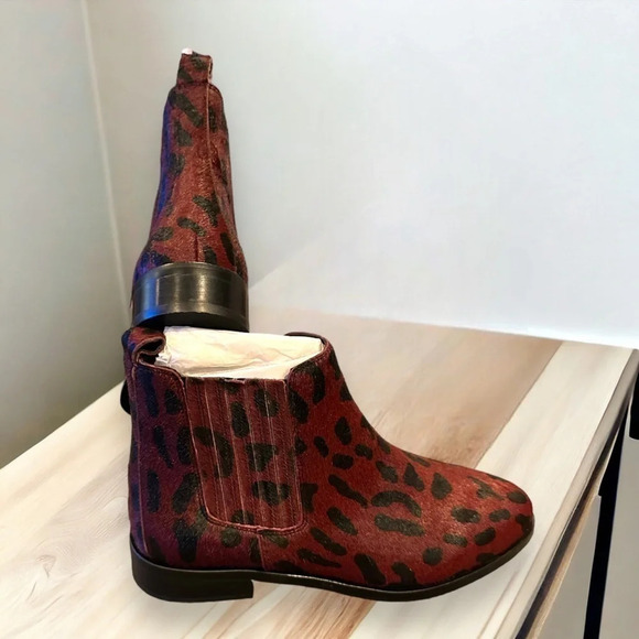 Leopard Print Chelsea Boots Ankle Booties Burgundy Black Animal Print - Picture 5 of 5